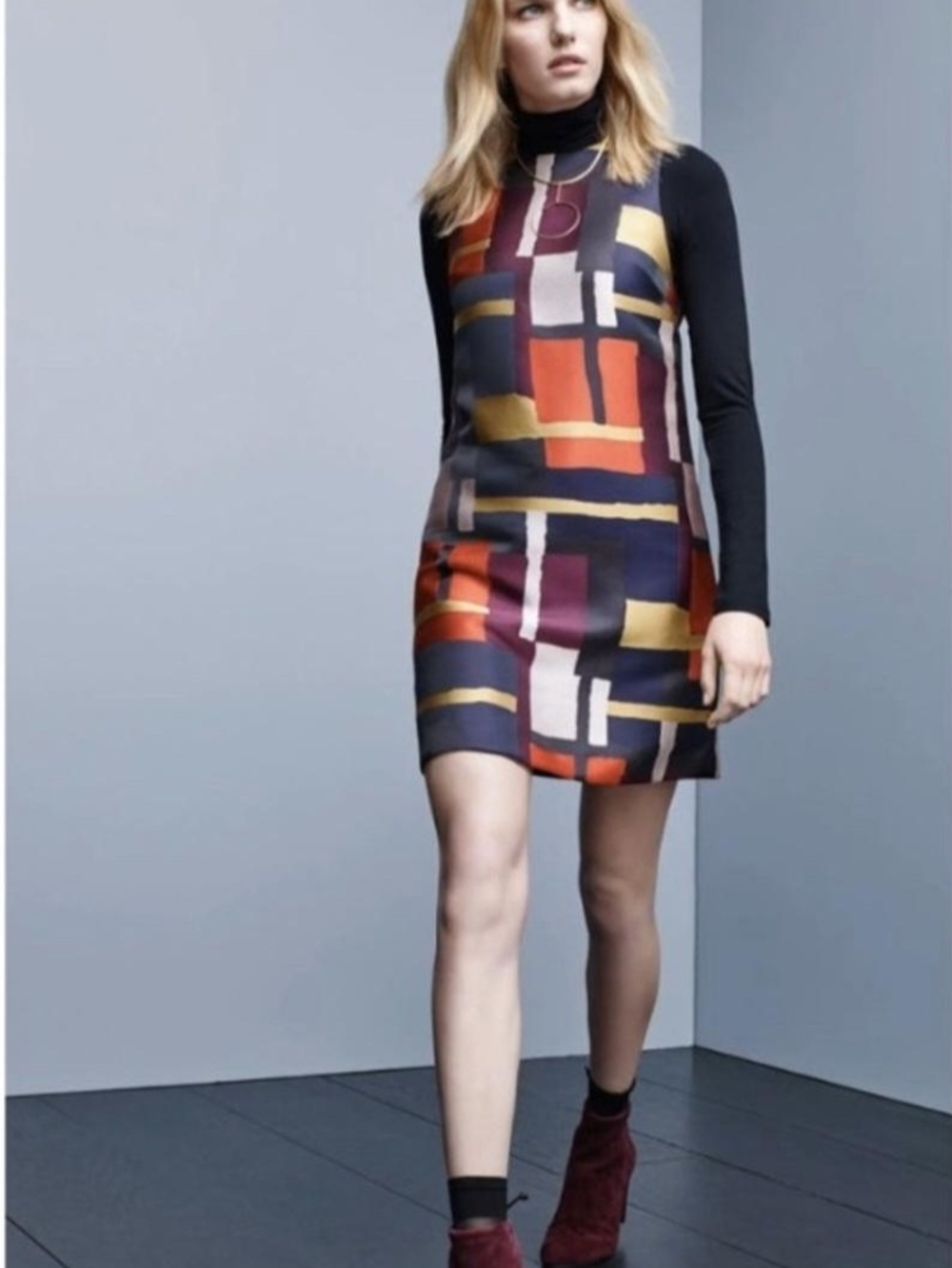 Geo-Print Shift Dress in Black with Red & Mustard Accents
